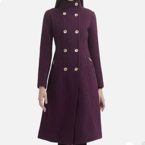 Guess eggplant wool-blend double-breasted Coat Accented With Gold Hardware XS TP